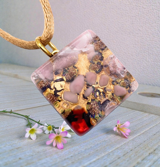 Murano Glass Pendant, Multi on Gold Leaf - 2cm x 2cm (MGPD6): a square pendant with pink, gold, and red on a gold bail.