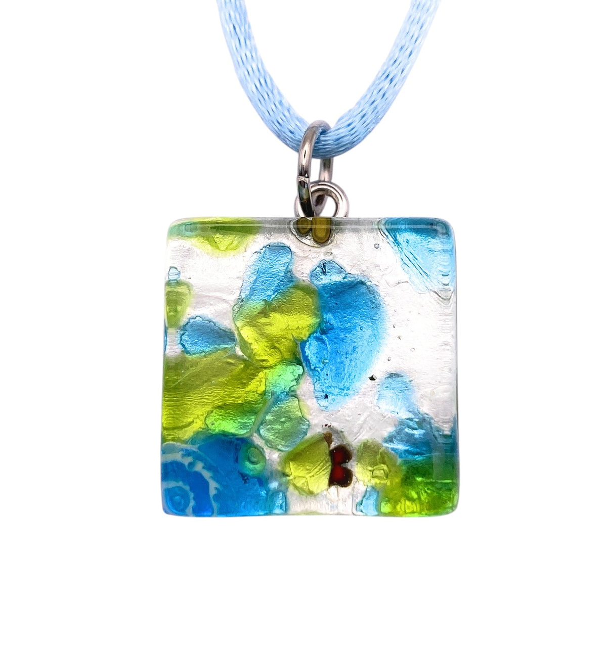 Murano Glass Pendant on Silver Leaf (MGPD11), a square pendant with blue and green abstract patterns on a light blue cord.