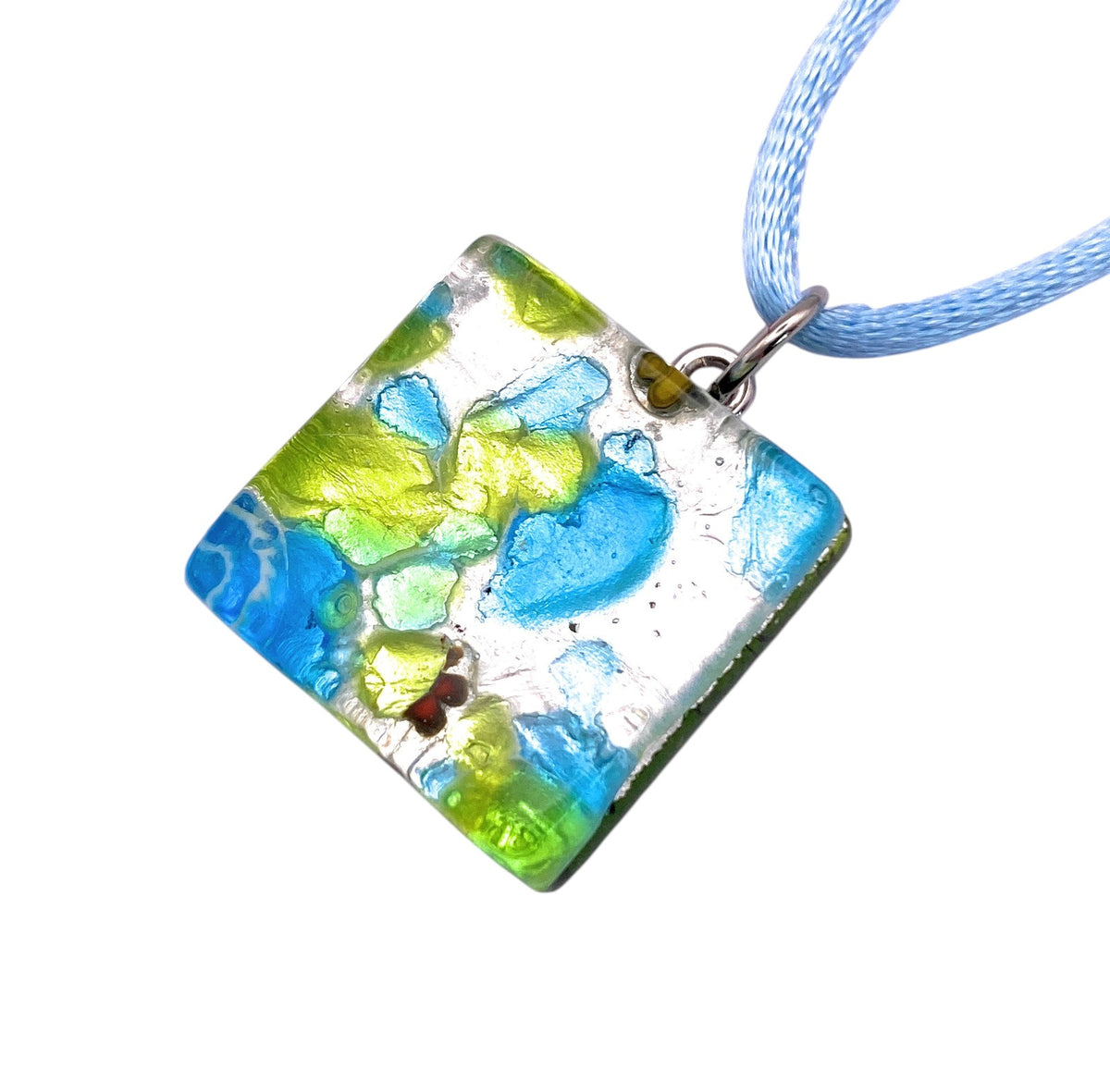Square Murano Glass Pendant on Silver Leaf (MGPD11) with blue and green abstract patterns on a light blue cord.