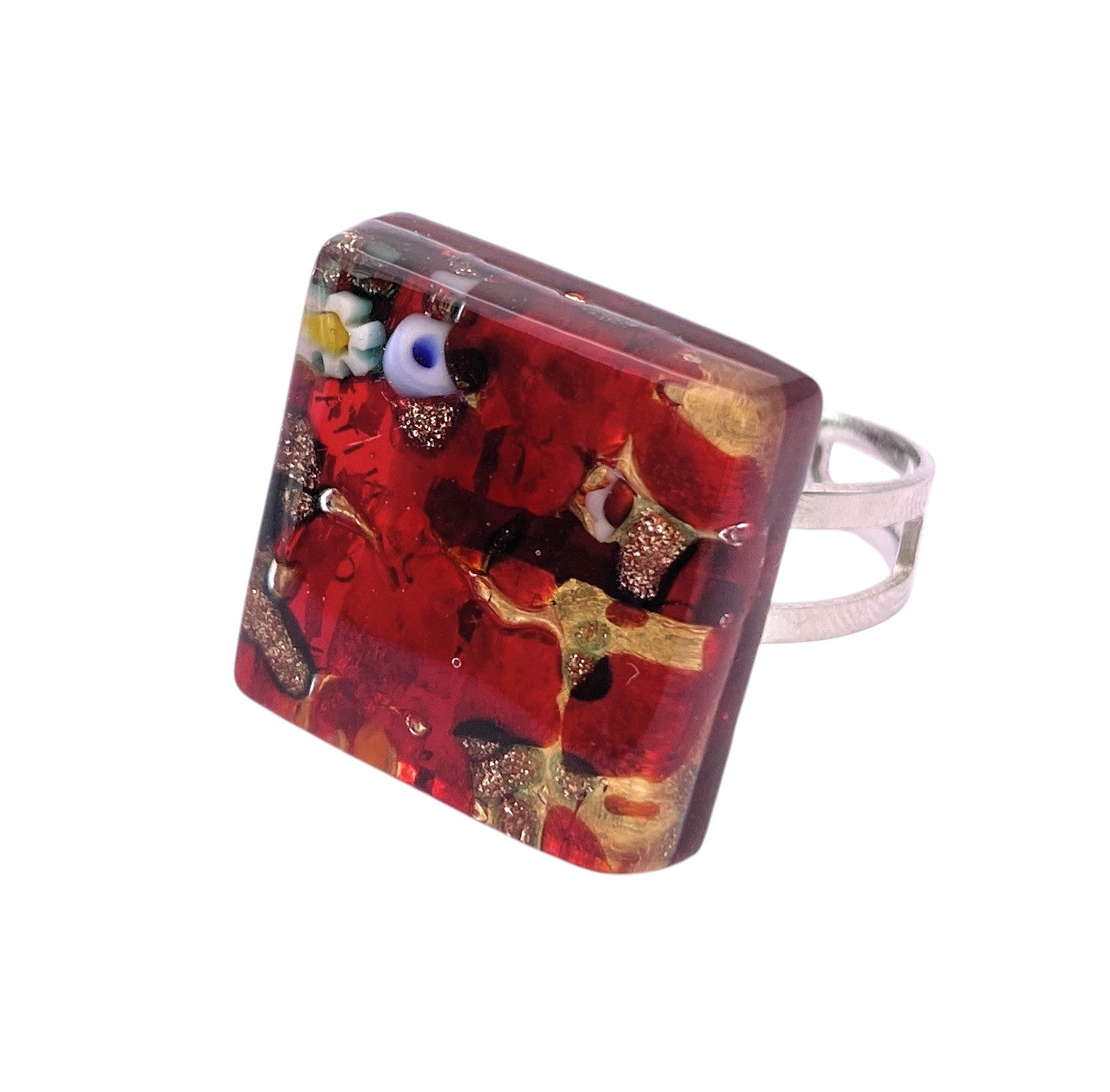 The Murano Passion Millefiori Glass Ring (2cm x 2cm) features a red and gold leaf mosaic design on a silver band—genuine handmade Murano glass crafted in Venice.
