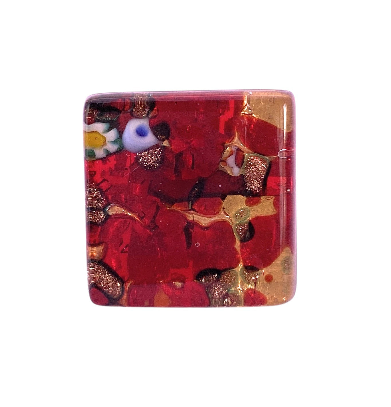 The Murano Passion Ring (MGR1) features a 2cm x 2cm square of Millefiori Murano Glass in red on gold leaf, highlighting handmade Venetian artistry against a white background.