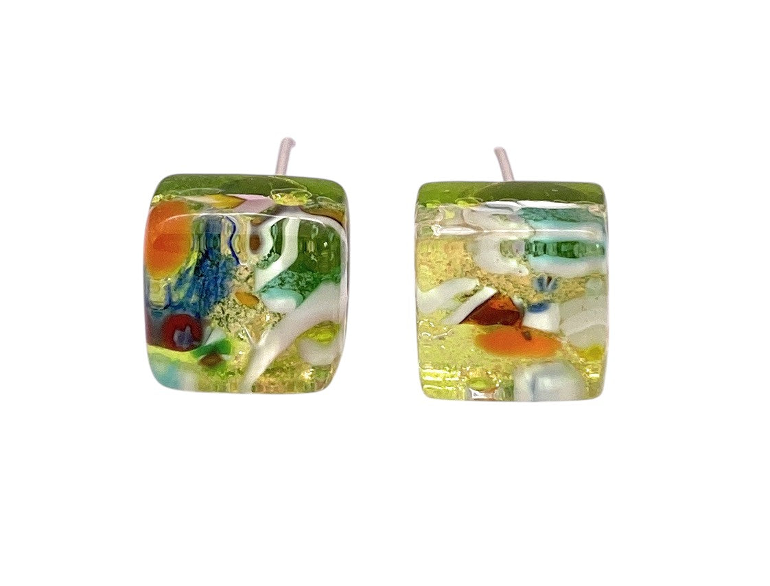 Murano Passion Murano Glass Earrings - Multi on Gold feature two dainty 8mm glass beads with colorful abstract patterns in green, orange, blue, white, and yellow. Each bead is pre-drilled—ideal for handmade jewelry lovers.