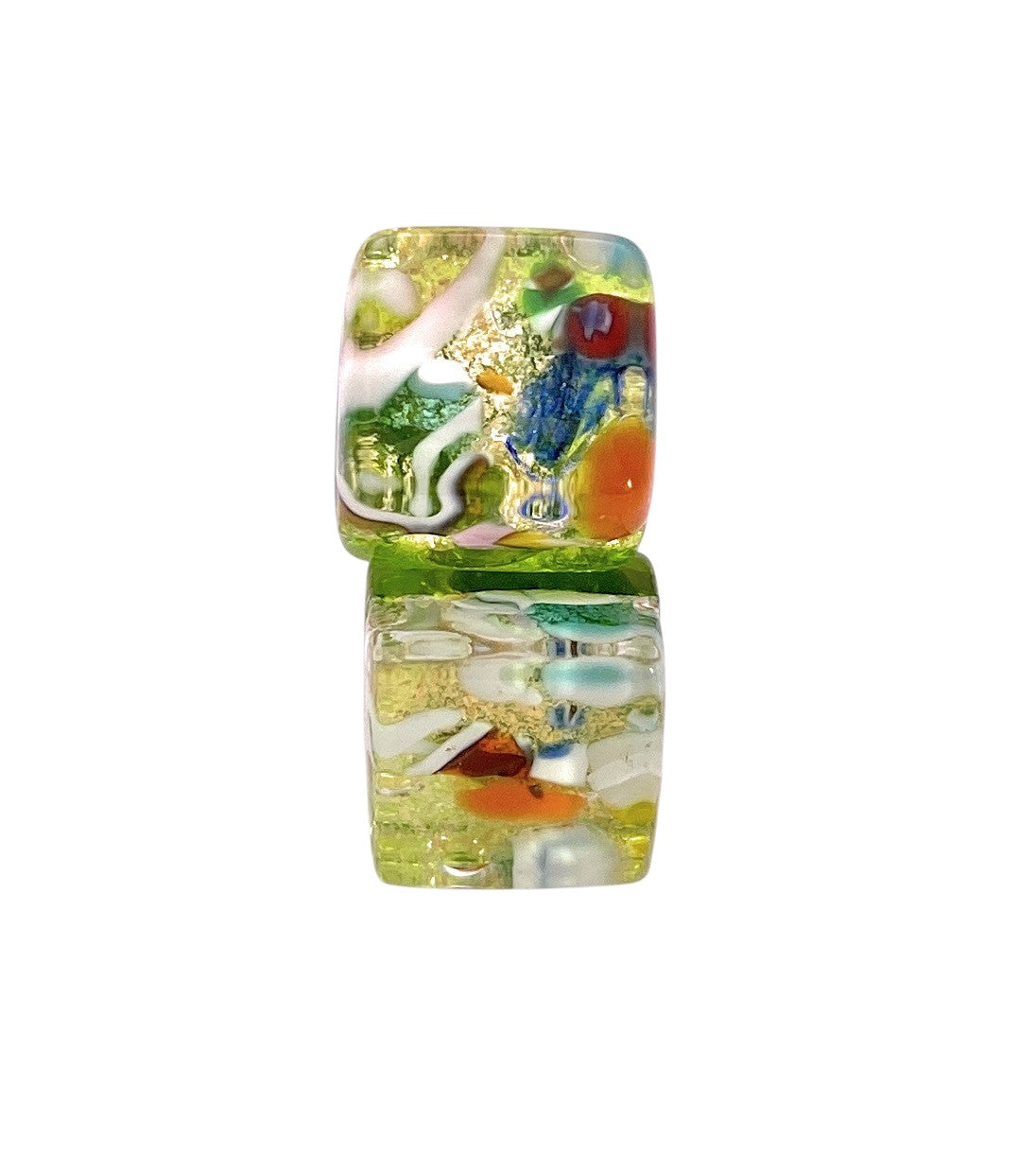 Murano Passion’s Murano Glass Earrings - Multi on Gold (MGE9) feature dainty, 8mm square glass beads with green, orange, blue, white, and gold swirls stacked vertically for a colorful look.