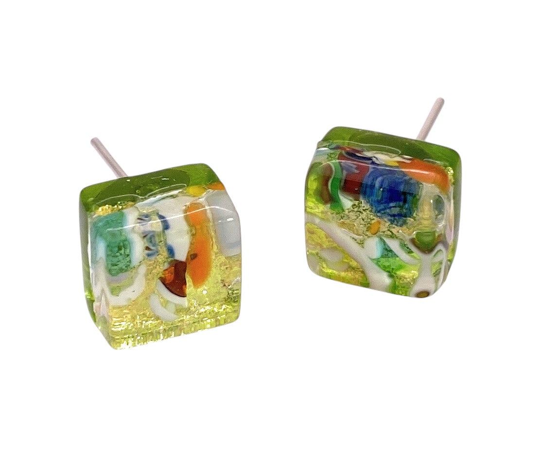 Murano Glass Earrings - Multi on Gold, Dainty 8mm Diameter (MGE9)