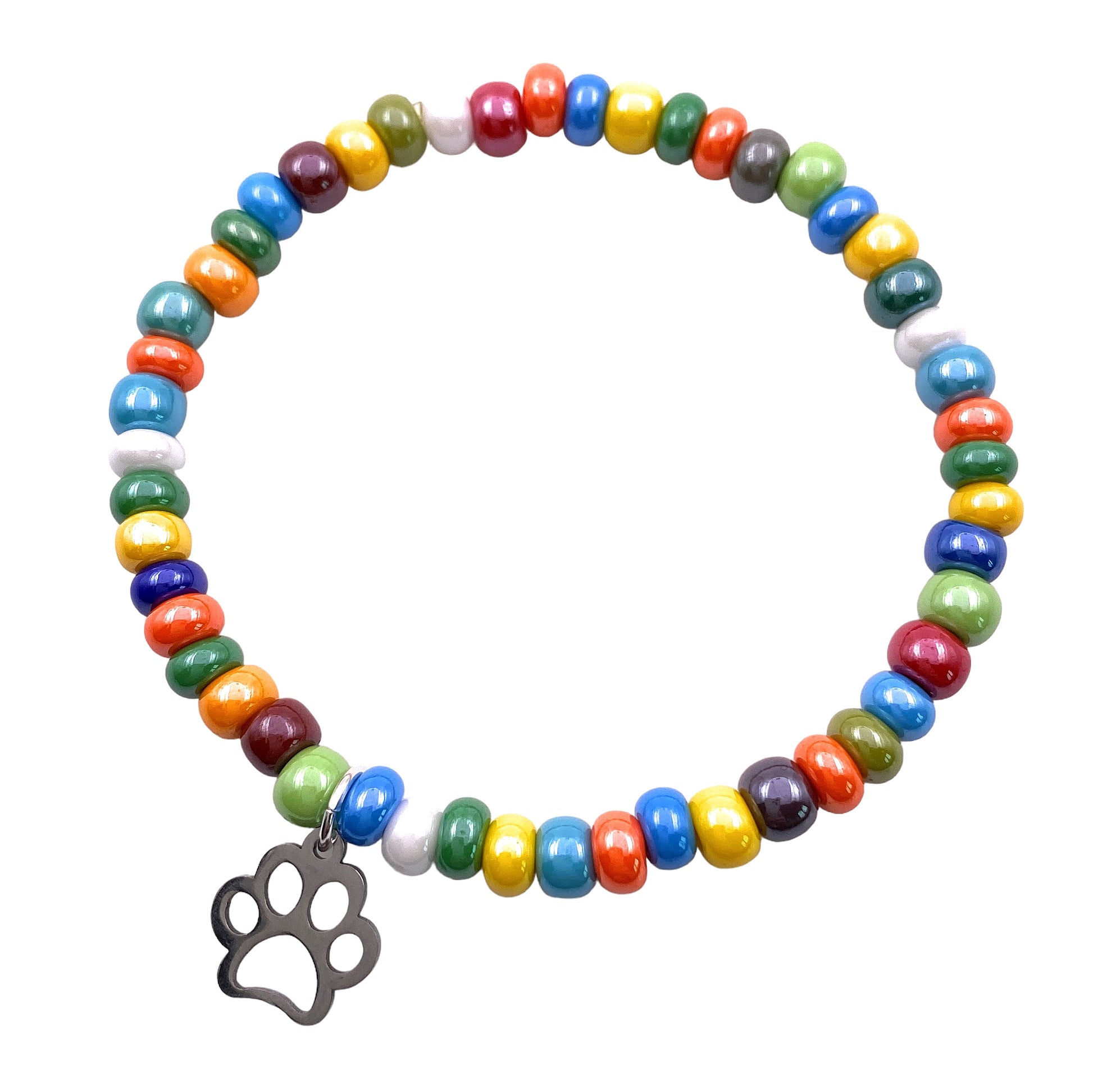 Introducing the Murano Passion Murano Glass Beaded Bracelet with Paw Print Charm. Adorned with dainty 5mm multi-coloured beads in hues of red, green, yellow, blue, orange, and white, this elasticated bracelet features a distinctive small metal paw print charm that adds a unique touch to this handmade piece of jewelry. (MGBR6)