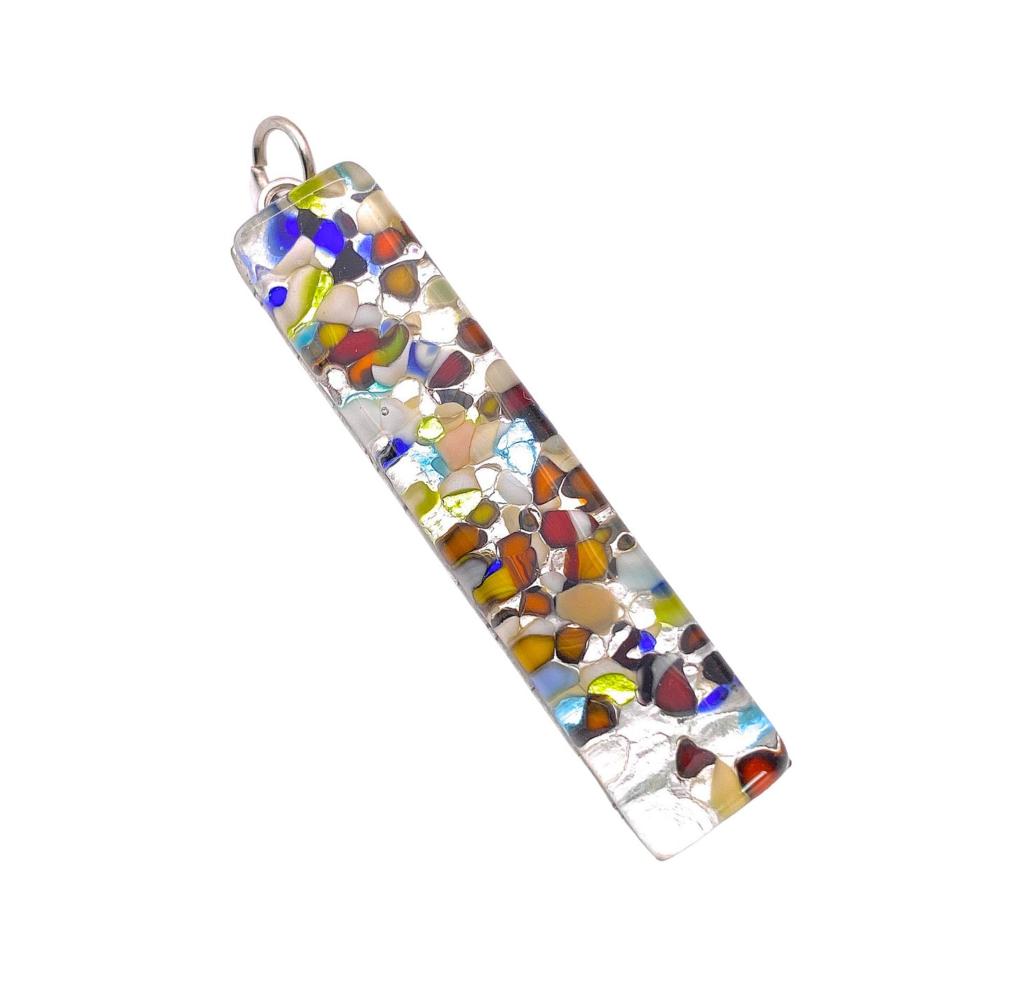 The Murano Passion "Murano Glass Pendant on Silver Leaf" features a rectangular design measuring 4cm by 1cm, adorned with a mosaic of colorful fragments of Murano glass or stones in shades of blue, red, yellow, and brown, all encased within a silver frame.