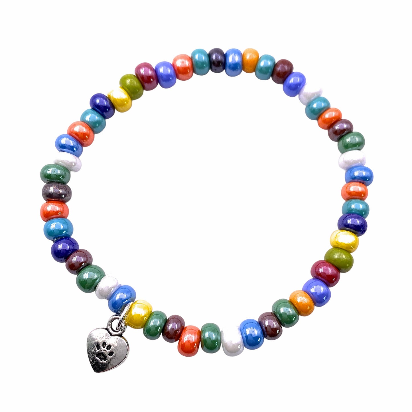 Introducing the Murano Passion's Murano Glass Beaded Bracelet with Cat Charm (MGBR5), featuring an array of dainty 5mm/0.5cm multi-coloured beads in blue, red, green, orange, yellow, and brown. This elasticated bracelet is adorned with a small silver cat charm showcasing a paw print design.