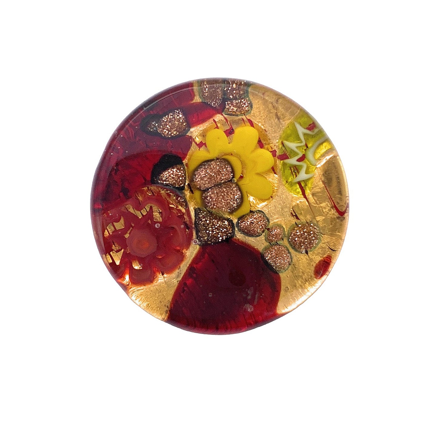 Introducing the Murano Passion "Murano Glass Brooch with Millefiori on a Gold Leaf Base": This handcrafted, round decorative brooch is designed in Murano and features intricate patterns in vibrant red, gold, and green colors. Its swirling motifs and textured details evoke images of leaves and flowers set against a translucent background, beautifully celebrating Venetian artistic heritage.