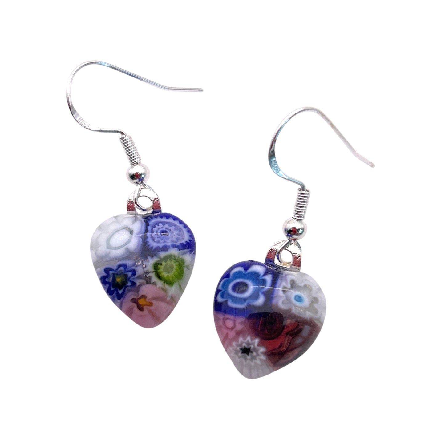 Murano Glass Earrings, Millefiori Glass Flower Earrings, 925 Sterling Silver - Dainty 1.4cm x 1.2cm