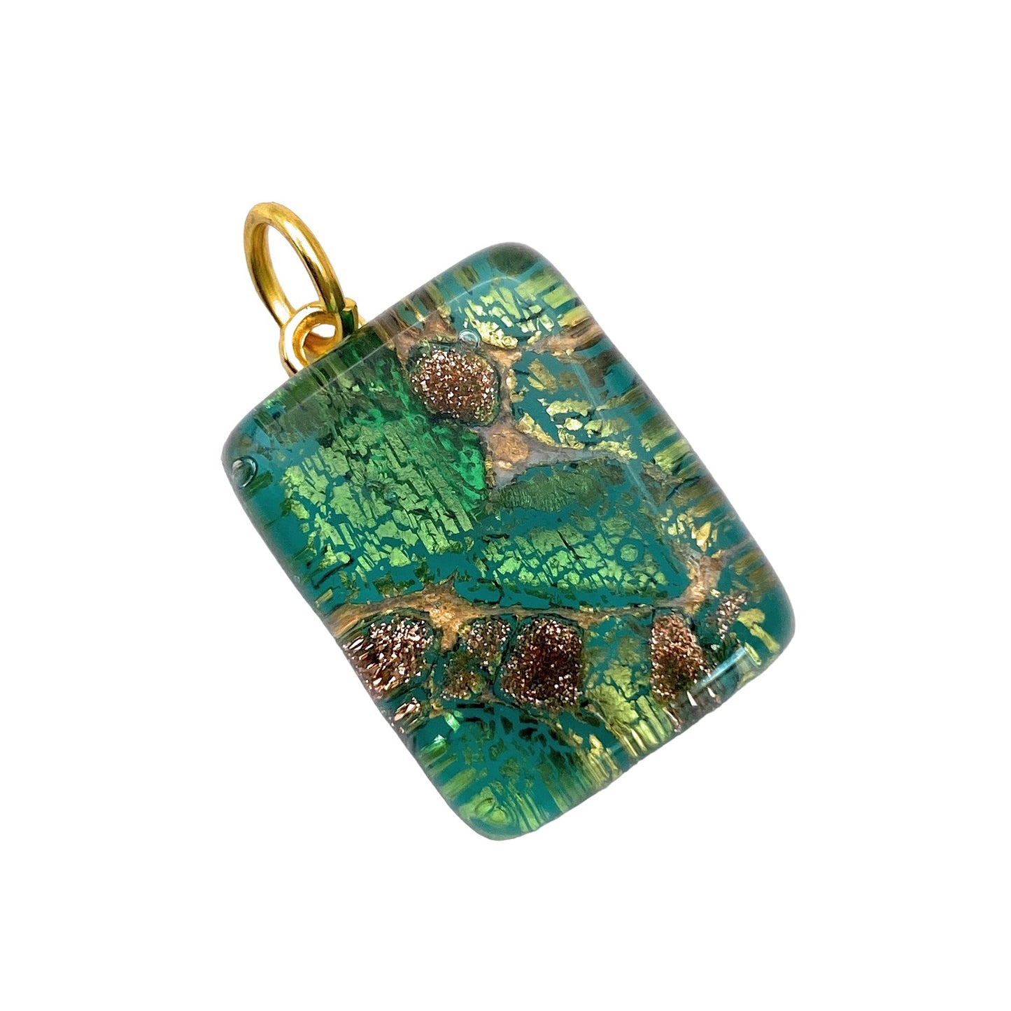 This Murano Passion Glass Pendant with Gold Leaf, measuring 2cm x 1.5cm, is a rectangular masterpiece featuring swirling green hues, shimmering gold accents, and brown speckles. It embodies the abstract, ethereal charm of Italian jewellery craftsmanship.