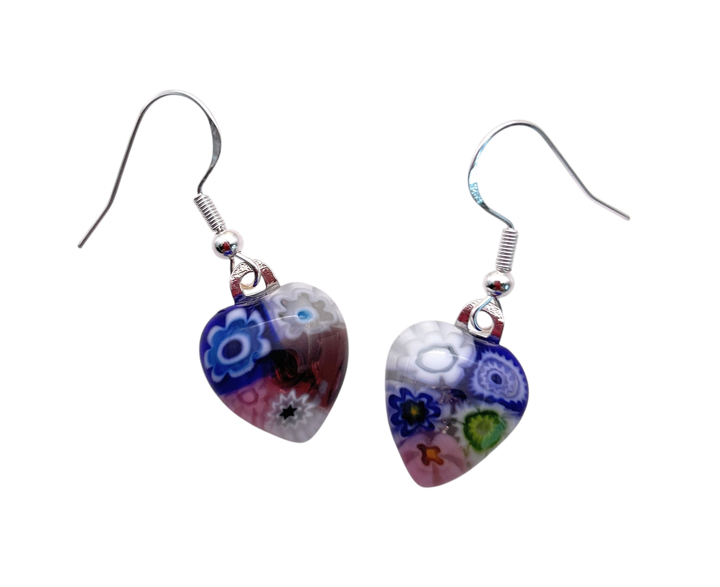 Murano Glass Earrings, Millefiori Glass Flower Earrings, 925 Sterling Silver - Dainty 1.4cm x 1.2cm