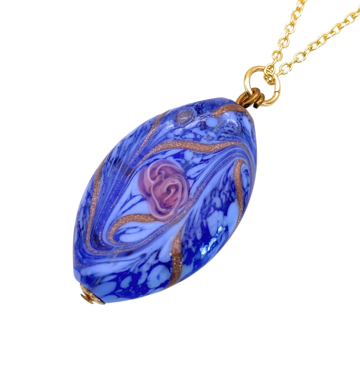 The Murano Passion Murano Glass Pendant (MGB5) features a blown glass bead measuring 3cm x 1.8cm, adorned with a marbled blue and white pattern, showcasing a pink rose design and gold accents. The delicate gold chain enhances its elegance, making it a standout accessory.