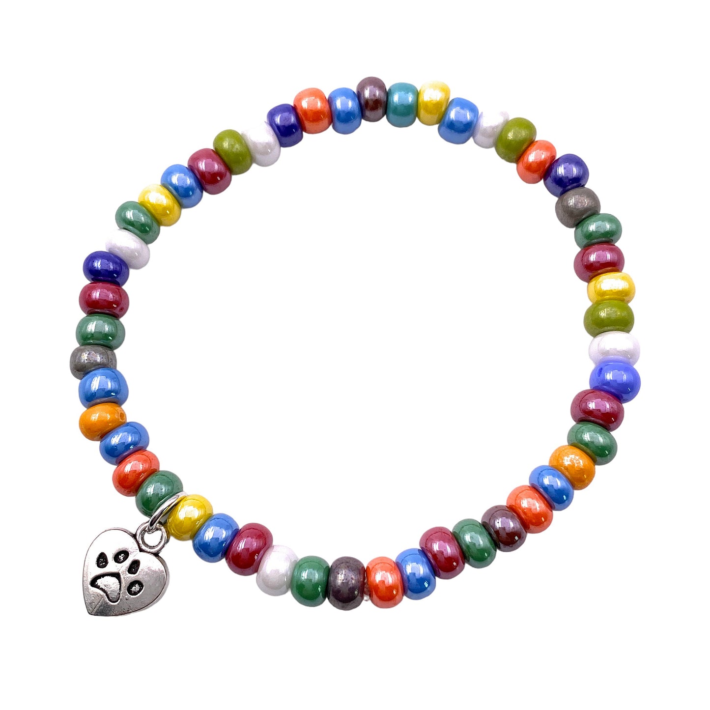 The Murano Passion bracelet, named the "Murano Glass Beaded Bracelet with Dog Charm" (MGBR4), features dainty 5mm multi-colored beads in an elasticated design. It is beautifully decorated with shades of blue, red, green, yellow, and white and includes a silver heart charm adorned with a black paw print. Additionally, it comes with a Certificate of Authenticity.