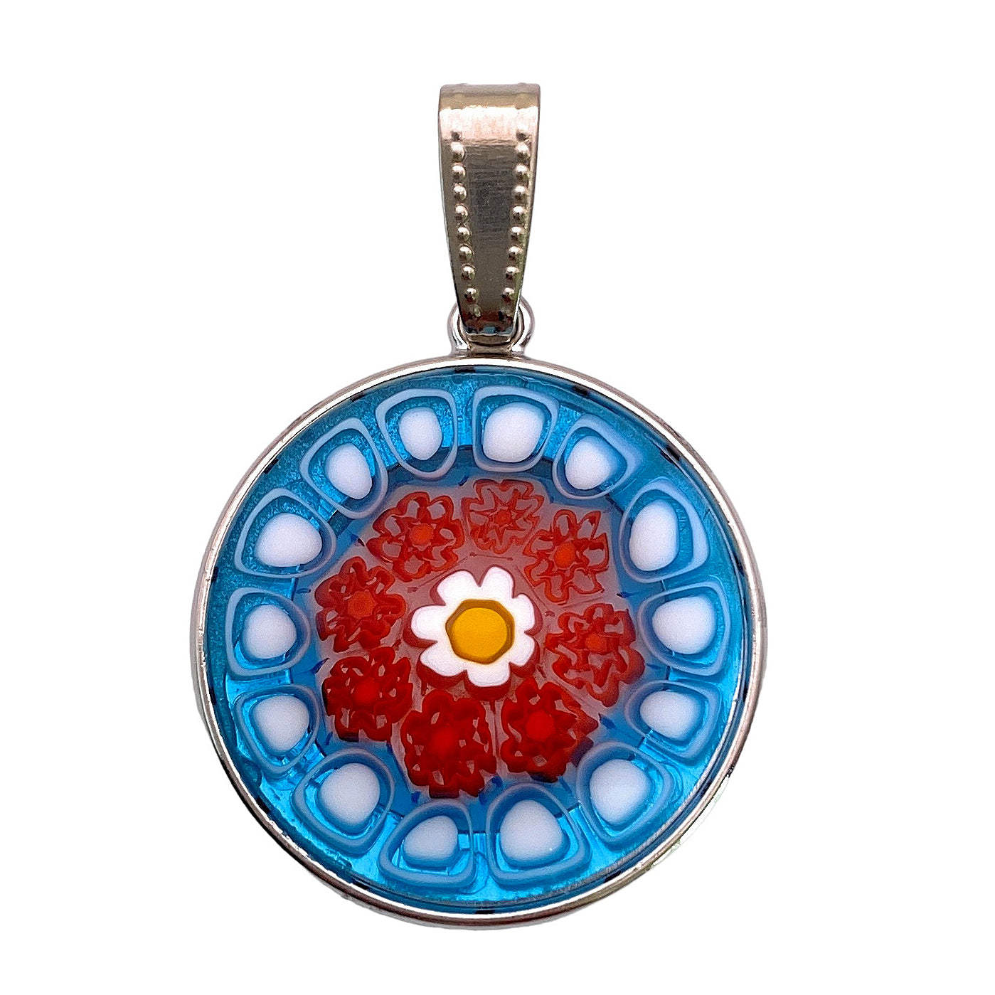 The Murano Passion Murano Glass Pendant made with Millefiori Flowers - 2.4cm celebrates the rich Venetian artistic heritage with its vibrant design, featuring a central white and yellow flower encircled by red flowers on a blue and white background, all elegantly framed in a silver edge and bail.