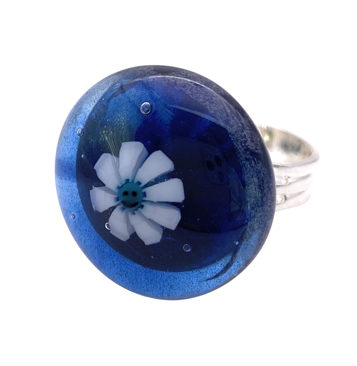 Smiley Face Millefiori Flower Ring, Handmade Glass Ring, 2cm