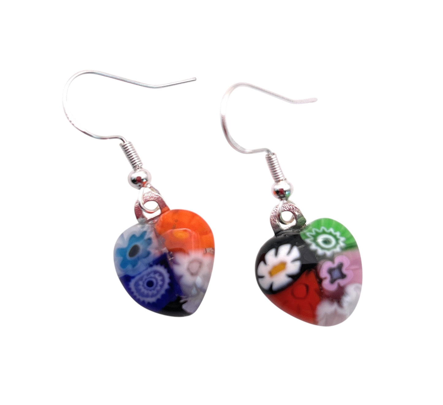 Murano Glass Earrings, Millefiori Glass Flower Earrings, 925 Sterling Silver - Dainty 1.4cm x 1.3cm