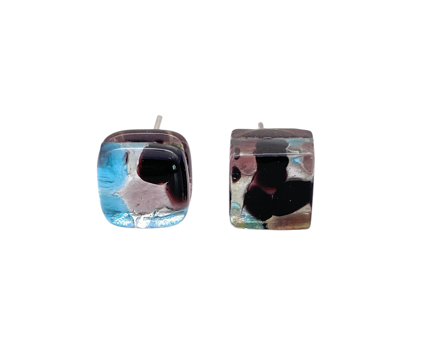 The Murano Glass Earrings - Blue/Silver by Murano Passion feature two square earrings, each crafted from authentic Murano glass, displaying abstract designs in shades of blue, black, and maroon. These 8mm diameter earrings boast unique patterns with a glossy finish set against a white background.