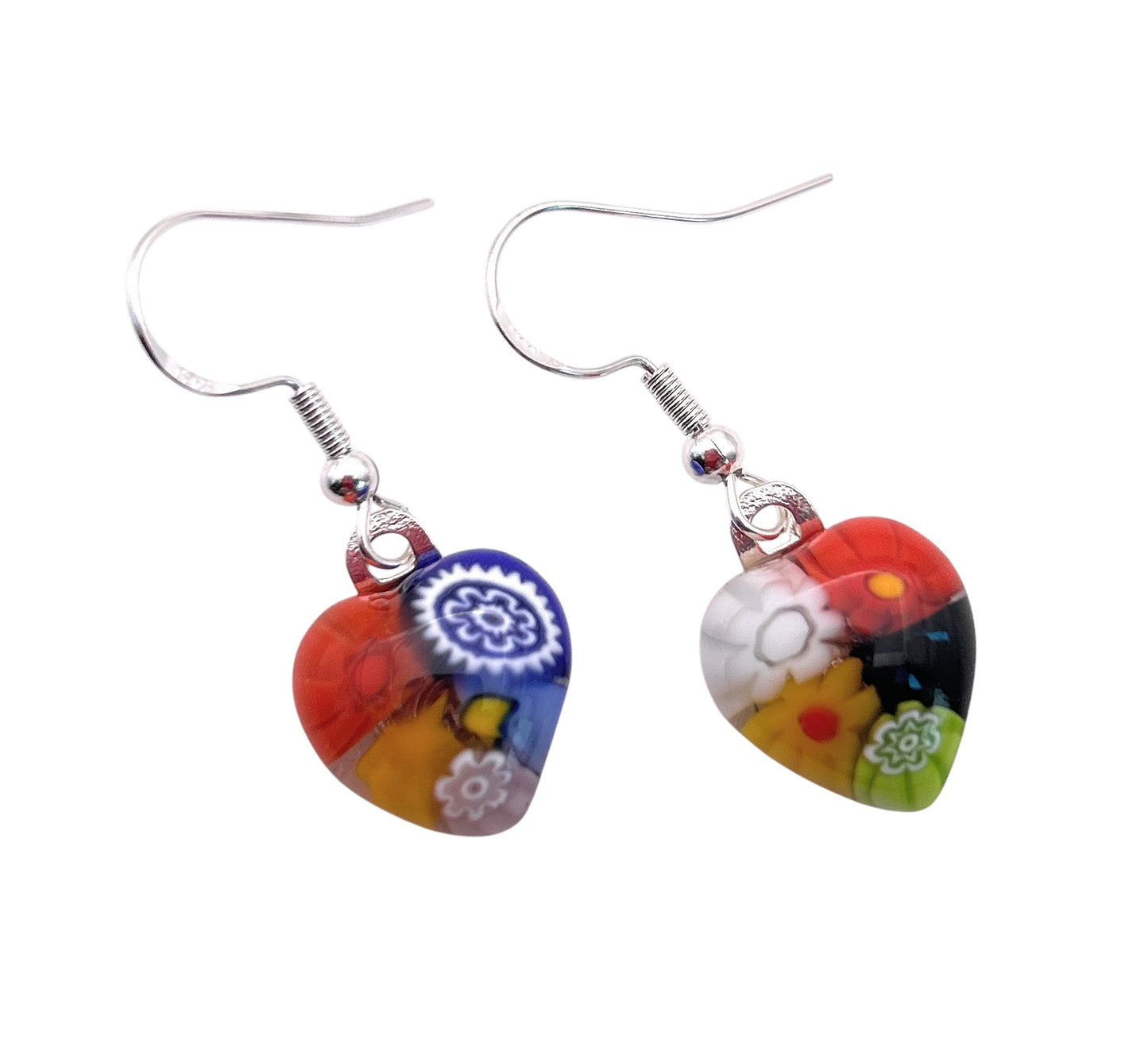 Murano Glass Earrings, Millefiori Glass Flower Earrings, 925 Sterling Silver - Dainty 1.3cm x 1.3cm