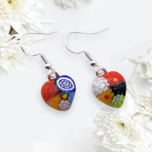 Murano Glass Earrings, Millefiori Glass Flower Earrings, 925 Sterling Silver - Dainty 1.3cm x 1.3cm