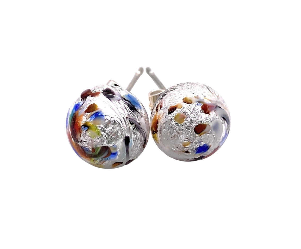 Close-up of Murano Passion's Murano Glass Stud Earrings (MGE11), highlighting the vibrant colors swirled into shiny silver spheres. These exquisite 8mm diameter pieces feature blue, green, red, and yellow hues. Each earring comes with a Certificate of Authenticity, ensuring genuine craftsmanship.