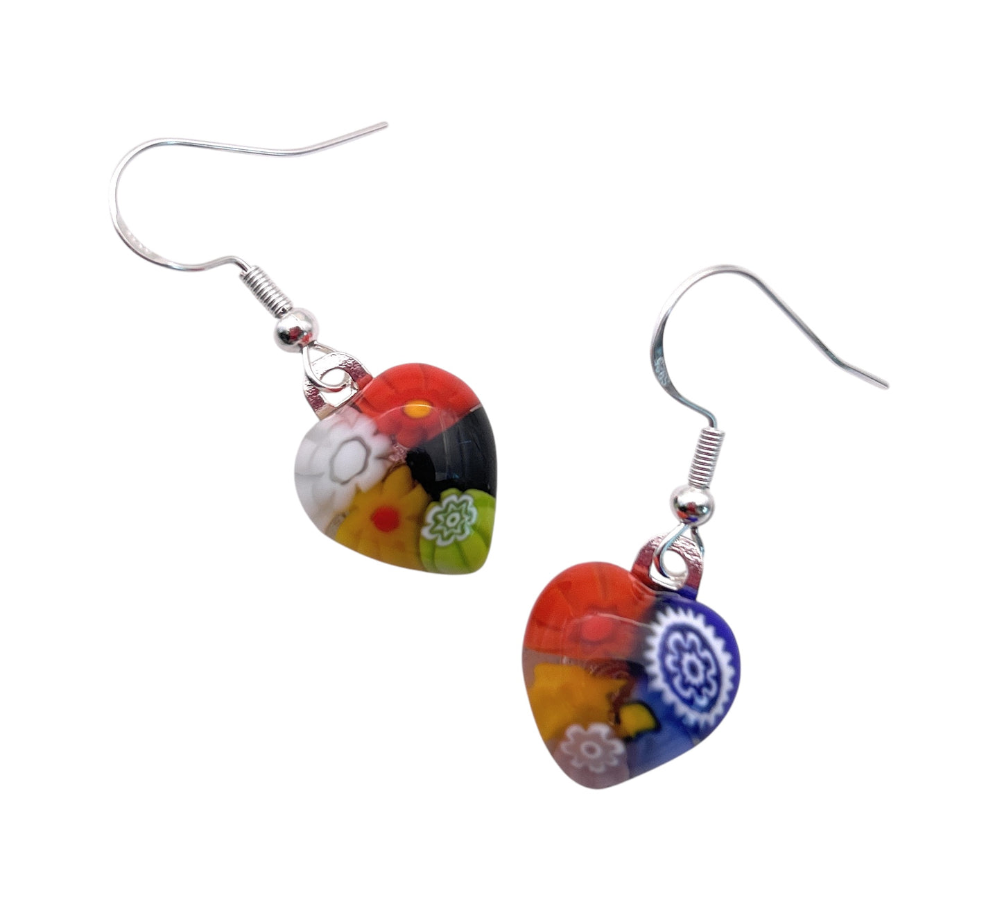 Murano Glass Earrings, Millefiori Glass Flower Earrings, 925 Sterling Silver - Dainty 1.3cm x 1.3cm