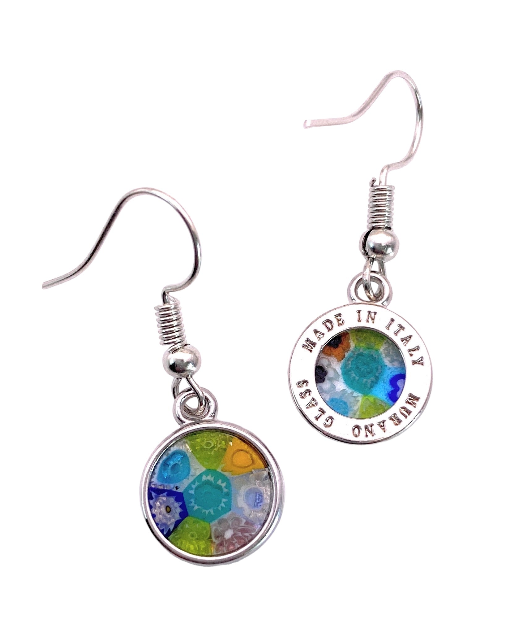 Two round earrings crafted by Murano Passion feature vibrant Millefiori glass designs with silver accents. Each earring displays colorful patterns in blue, green, yellow, and orange hues. The earring on the right is inscribed with "Handmade Glass Made in Italy.