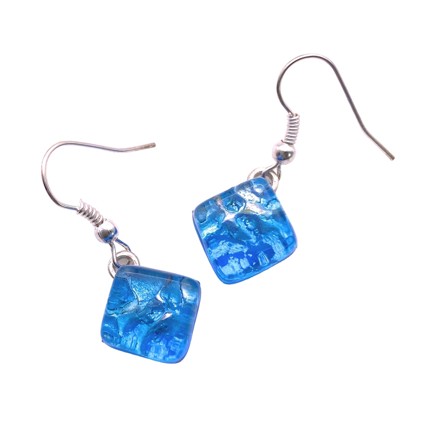 These stunning Murano Passion earrings, named the Murano Glass Dropper Earrings, showcase 1cm sky blue glass pendants with a crackled texture, elegantly suspended from silver hooks. The vibrant blue hues highlight lighter shades, embodying Venetian artistic heritage.