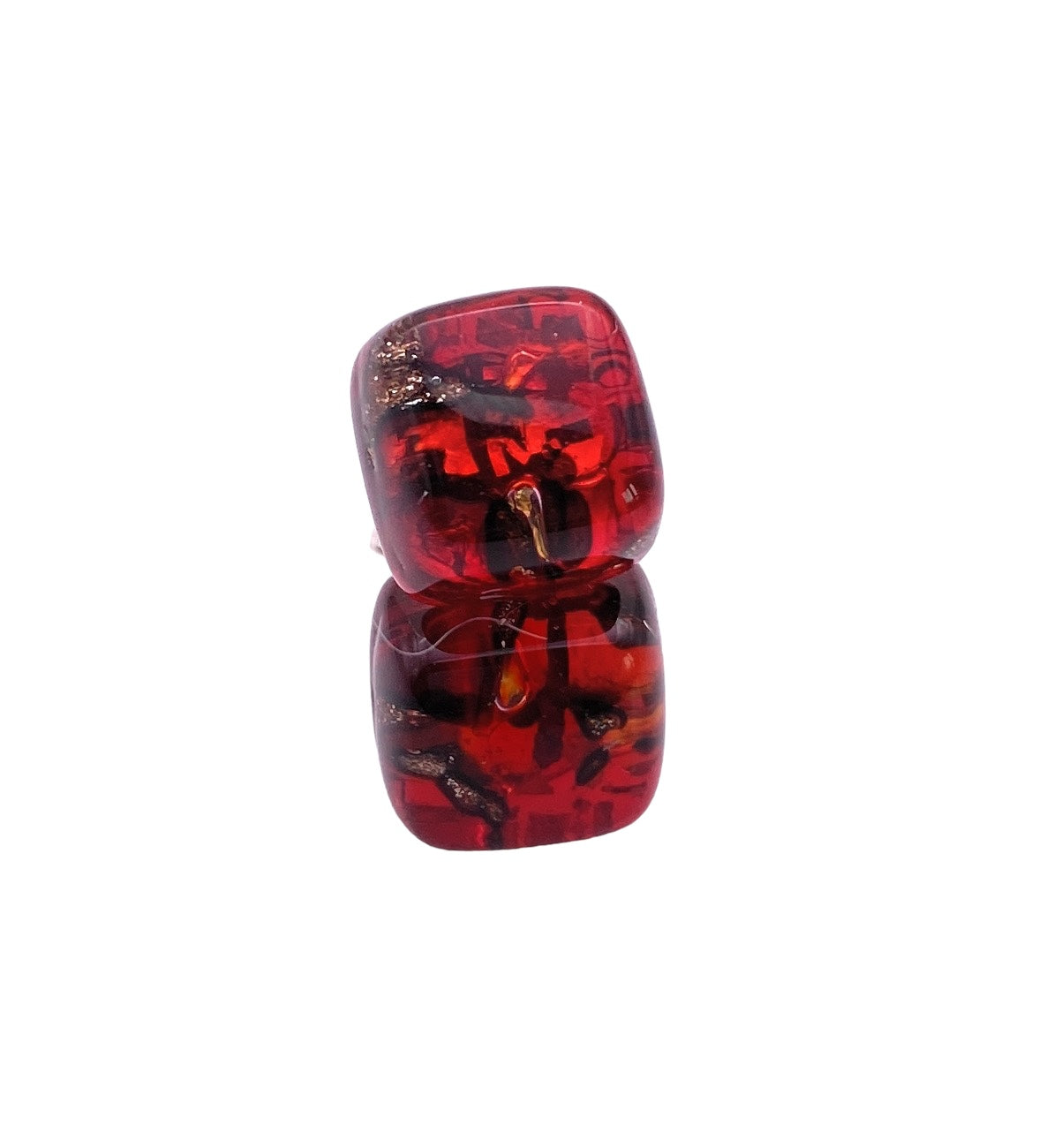 Two red, translucent Murano Glass Earrings from Murano Passion are displayed against a white background. The dainty earrings, with an 8mm diameter, feature tiny black and gold specks inside, giving them a marbled appearance.