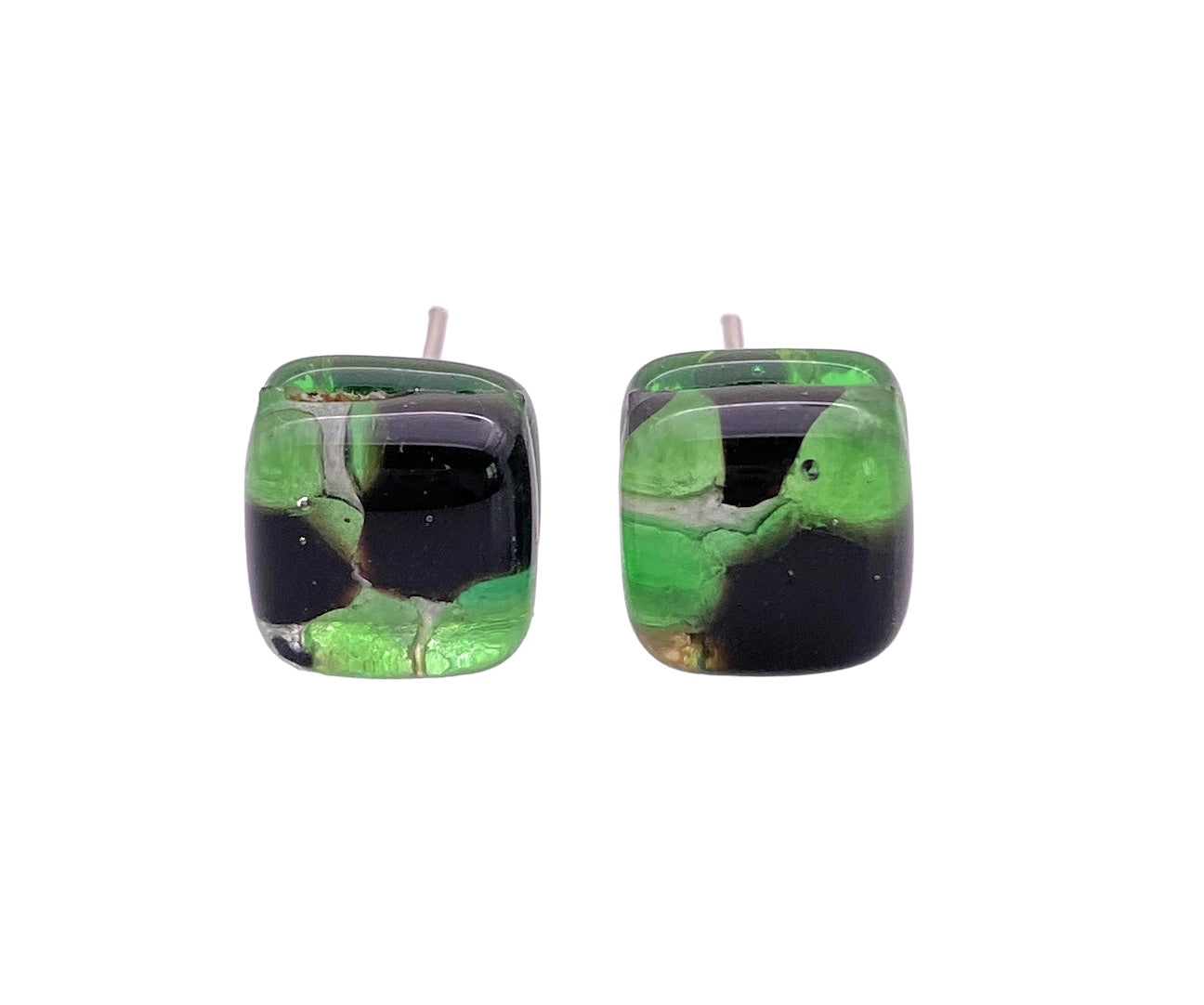 The Murano Passion - Murano Glass Earrings (MGE1) feature an 8mm diameter with a glossy finish, showcasing a green and black marbled pattern on a white background, handcrafted from genuine Murano glass.