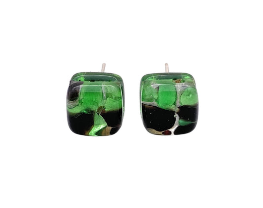 Close-up of Murano Passion's "Murano Glass Earrings - Green/Black, Dainty 8mm Diameter (MGE1)," featuring square-shaped earrings made from authentic Murano Glass. They exhibit a stunning green and black marbled design with subtle hints of white, highlighted by their glossy finish against the white background.