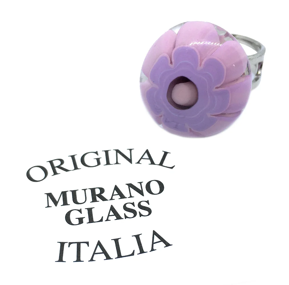 Discover the Millefiori Flower Ring from Murano Passion, featuring a stunning round purple flower crafted in Murano glass. The backdrop is adorned with the words "ORIGINAL MURANO GLASS ITALIA," celebrating its Venetian artistic origins. The ring measures 2cm by 1.8cm.