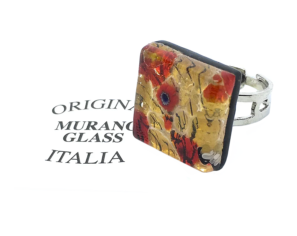 A bold Millefiori Flower Ring from Murano Passion showcases vibrant red, yellow, and black swirls on exquisite Murano glass, measuring 2cm by 2cm. The piece is subtly enhanced with the text "Original Murano Glass Italia," emphasizing its handcrafted charm from Venice, Italy.