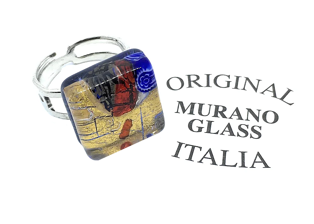 The Murano Glass Ring by Murano Passion features a square design with Millefiori pieces on gold leaf, highlighted by vivid mosaic patterns. Next to it, "ORIGINAL MURANO GLASS ITALIA" is elegantly arched, celebrating its exquisite handmade craftsmanship in Murano.