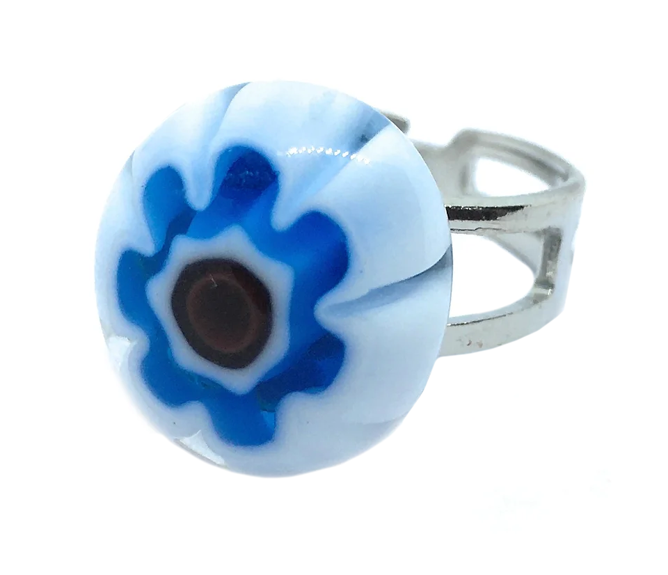 This handmade silver ring by Murano Passion features a 1.6cm x 1.4cm Murano Glass stone adorned with a Millefiori flower design in blue and white, centered by a dark brown dot, reflecting Venetian heritage.