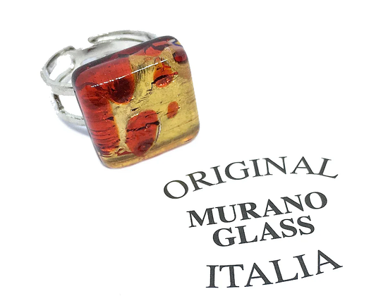 A Murano Passion Glass Ring featuring a red and gold leaf Murano glass square on a silver band, measuring 1.5cm, and handcrafted in Venice, is displayed alongside the text "Original Murano Glass Italia.