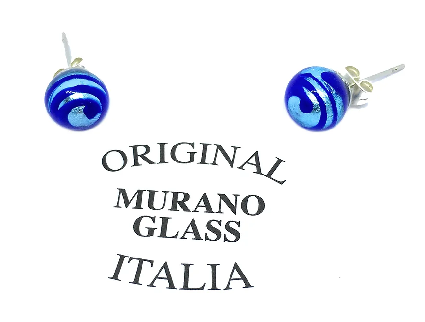 A pair of Murano Glass Earrings, 8mm in diameter and featuring a silver leaf design, is displayed. Text reads "Murano Passion" beneath these exquisite pieces of jewellery.