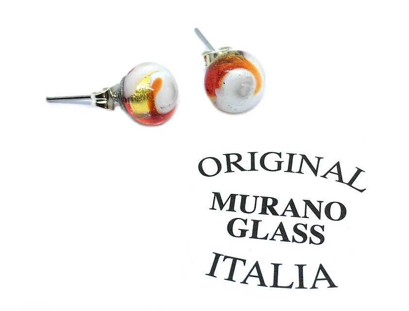 A pair of Murano Glass Earrings from Murano Passion, featuring stud earrings with a swirling design in white, red, orange, and gold. The accompanying text reads "Original Murano Glass Italia," and they come with a Certificate of Authenticity.