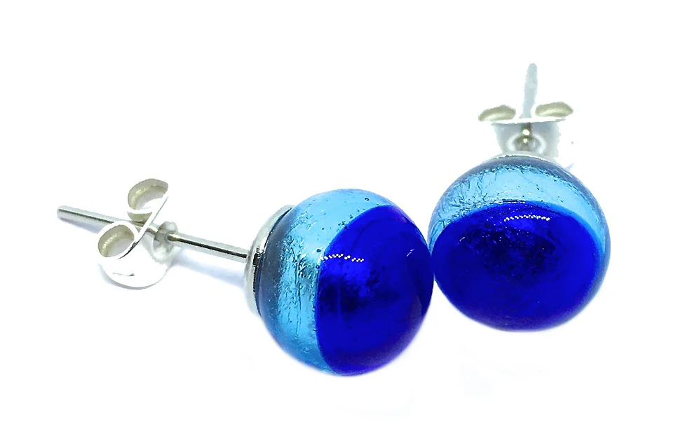 A dazzling pair of Murano Glass Earrings from Murano Passion, showcasing gorgeous 8mm diameter round blue glass beads with a metallic sheen. These earrings are designed with silver posts and butterfly backings and include a Certificate of Authenticity, beautifully presented against a white background.