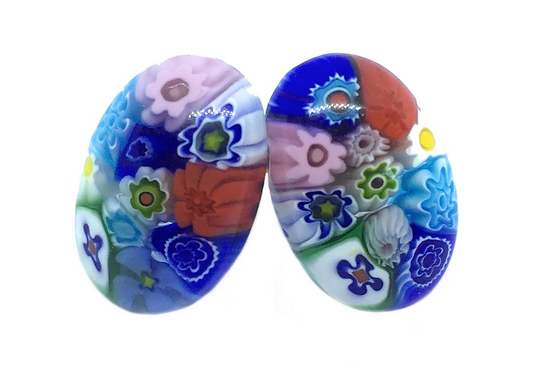 Close-up of the vibrant and intricately designed Murano Passion Millefiori Glass Earrings, measuring 13mm x 8mm, showcasing oval-shaped millefiori patterns in blue, red, pink, green, and yellow—ideal additions to any handmade jewelry collection.