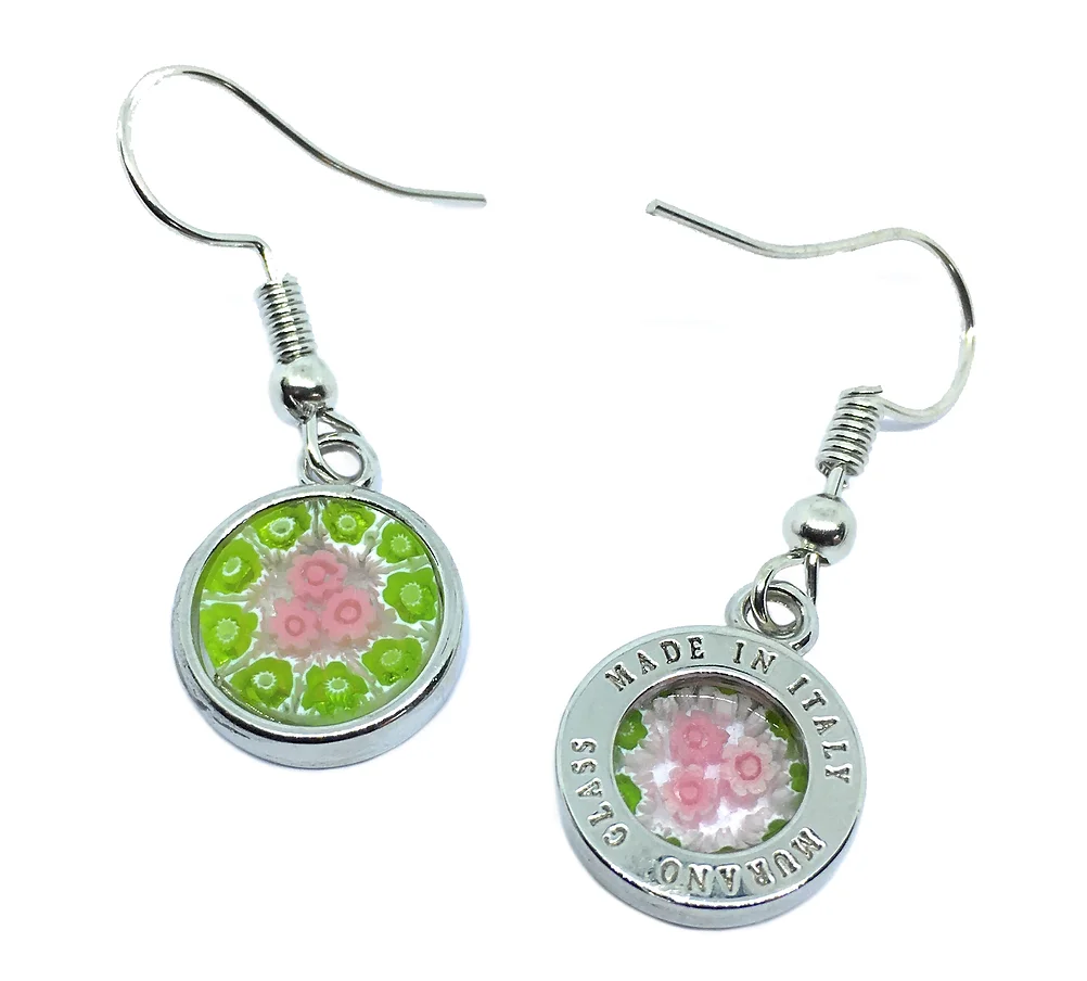 The Murano Passion Murano Glass Earrings, with a 1.2cm diameter, showcase a lively pink and green Millefiori design. A silver border, proudly inscribed "Made in Italy," elegantly frames the colorful pattern, while silver hooks ensure easy wearing.