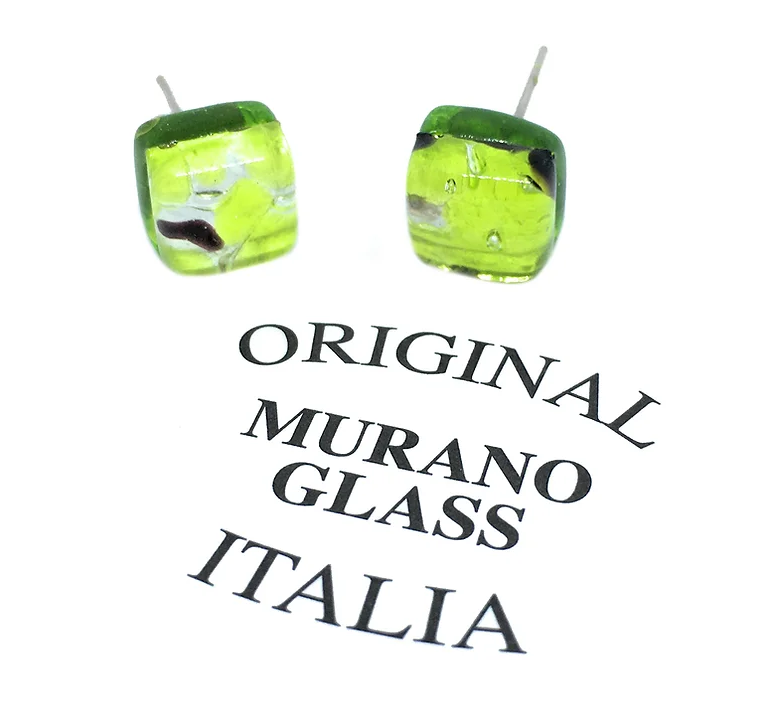 Close-up of a pair of Murano Passion's Murano Glass Earrings - Dainty 8mm Diameter, featuring abstract patterns in green. They are displayed on a white background with the text "Original Handmade Murano Glass Italia" in black letters.