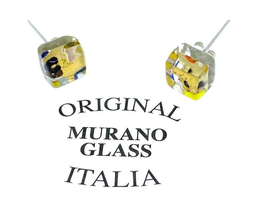 Murano Passion's dainty 8mm earrings are crafted from Murano glass with vibrant Millefiori patterns adorning a gold leaf base, reflecting their handmade authenticity and timeless charm.