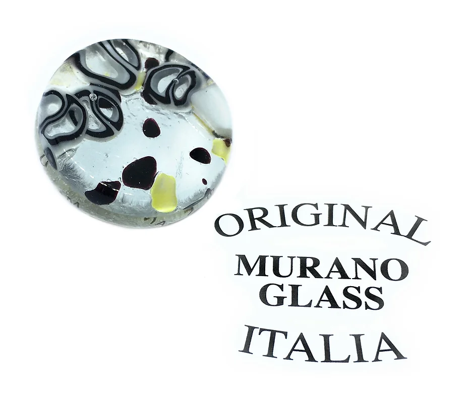 Beside the text "Murano Passion," there is a Murano Glass Brooch with a Silver Leaf Base measuring 2.4cm, showcasing Millefiori patterns in black, white, and yellow.