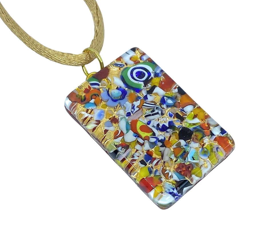 The Murano Passion Glass Pendant, measuring 3cm x 2cm, showcases an exquisite rectangular design made with Millefiori on gold leaf. It features a vibrant mosaic pattern with blues, reds, yellows, and oranges in various abstract shapes and textures. This stunning piece is suspended from a gold-colored cord and includes a Certificate of Authenticity.