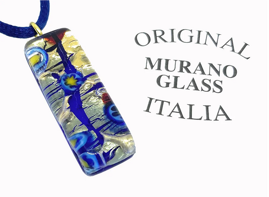 A Murano Glass Pendant, featuring vibrant Millefiori patterns with gold leaf accents, hangs on a blue cord. The text beside it reads "Original Murano Glass Italia" and includes a Certificate of Authenticity from Murano Passion.