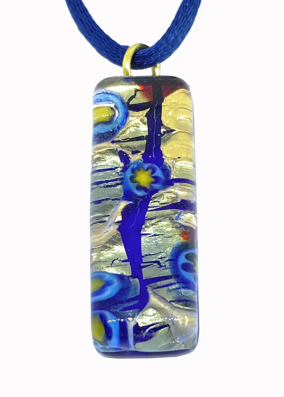 The Murano Passion offers the stunning Murano Glass Pendant, a 3cm x 1cm Millefiori piece on gold leaf featuring blues, yellows, and gold swirls with abstract floral patterns. It hangs elegantly from a dark blue cord and includes a Certificate of Authenticity.