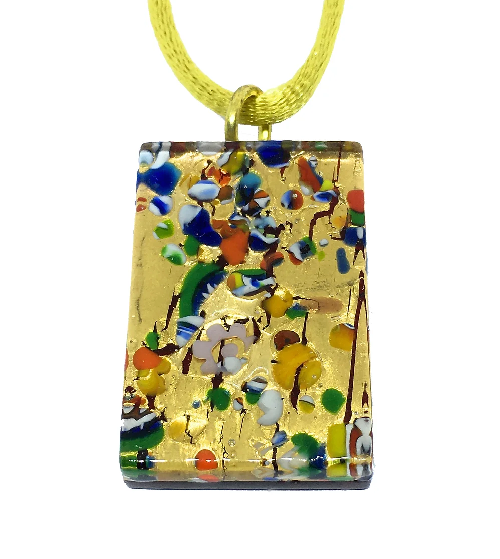 The Murano Passion pendant, crafted from Millefiori on gold leaf and featuring a yellow cord, measures 3cm by 2cm and displays a vibrant design of multicolored glass fragments on a golden background.