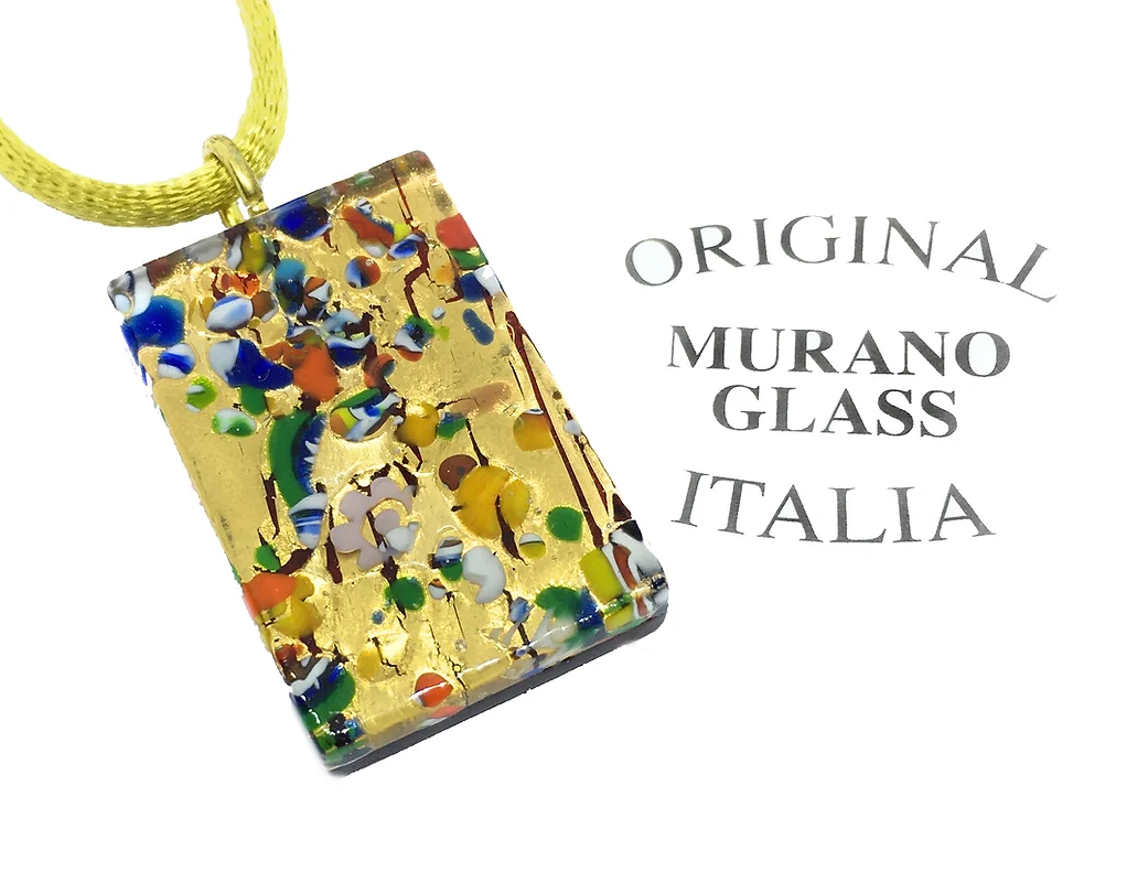 A rectangular Murano Glass Pendant made by Murano Passion features colorful abstract patterns on gold leaf, reminiscent of Millefiori pieces, and hangs from a yellow cord. The text "Original Murano Glass Italia" celebrates the artistry of this 3cm x 2cm Murano Glass Jewellery piece.