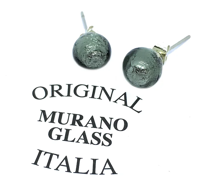 A pair of exquisite Murano Glass Earrings, crafted in a dark silver/grey hue and measuring 8mm in diameter, is showcased next to text proclaiming "Original Murano Glass Italia" on a pristine white background, embodying the elegance of genuine jewellery from Murano Passion.