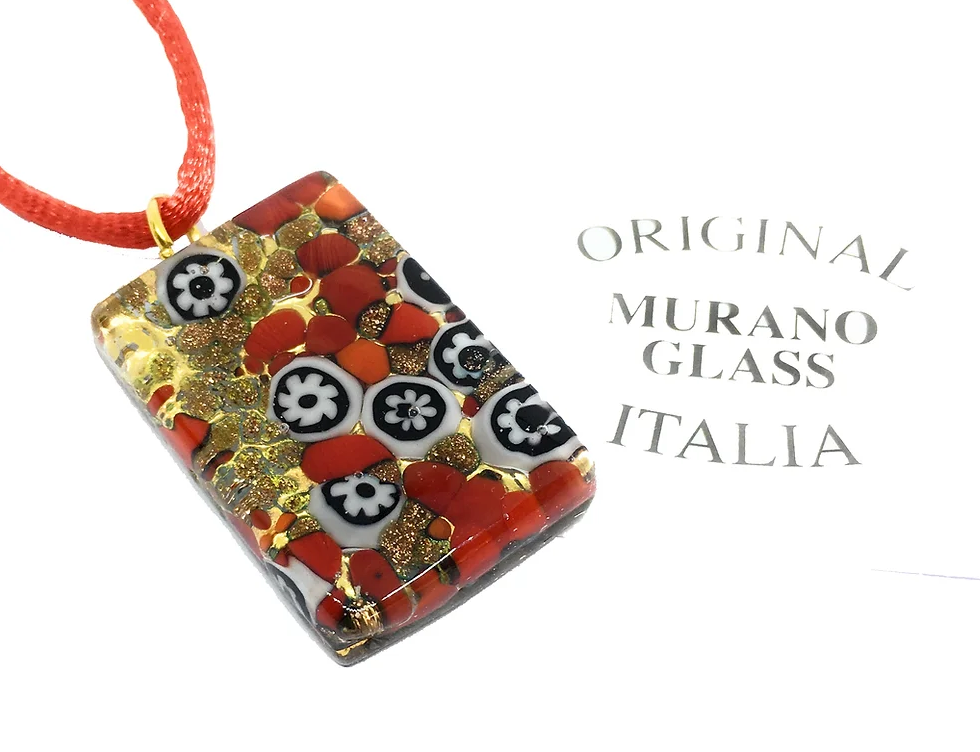 A vibrant Murano Passion pendant, crafted from Millefiori glass on a gold leaf base and featuring red, gold, and black floral patterns, hangs elegantly on a striking red cord. Accompanied by the text "Original Murano Glass Italia," this exquisite piece of Murano Glass Jewellery includes a Certificate of Authenticity to guarantee its genuine Italian craftsmanship.